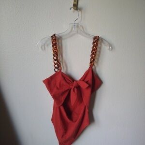 Privacy Please Women’s Ribbed Cutout Bodysuit Red Size M One Piece Chain Strap